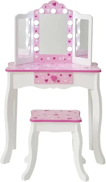 Teamson Kids Little Princess Gisele Sweethearts Print Kids Vanity Set with Matching Stool, Tri-fold Mirror with Glamour LED Lights + Storage Drawer For 3yr and up, Pretend Play House, Salon White/Pink