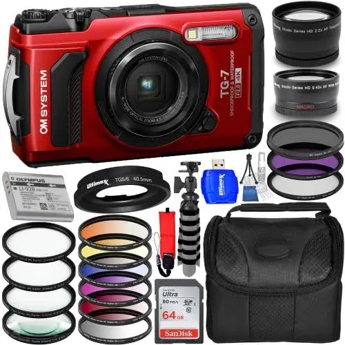 OM SYSTEM Tough TG-7 Digital Camera (Red) V110030RU000 - 12PC Accessory Bundle