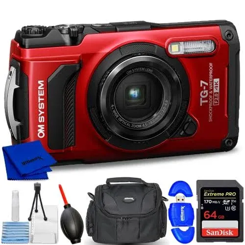 OM SYSTEM Tough TG-7 Digital Camera (Red) V110030RU000 - 7PC Accessory Bundle