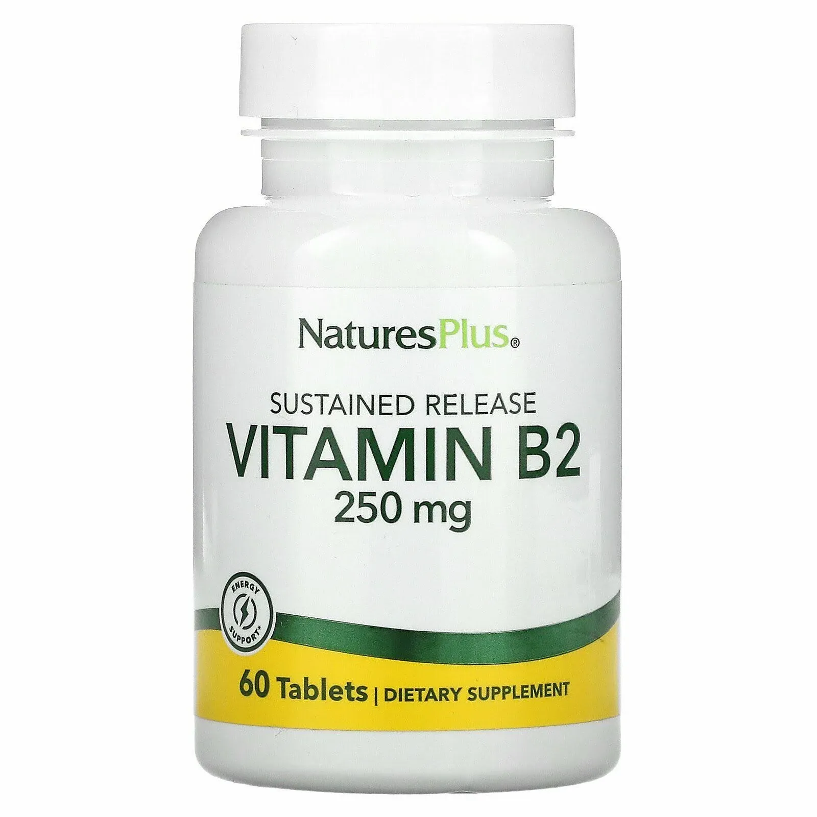 Natures Plus Vitamin B2 (Riboflavin) - 250 mg, 60 Vegetarian Tablets, Sustained Release - Natural Energy & Metabolism Booster, Promotes Overall Health - Gluten-Free - 60 Servings