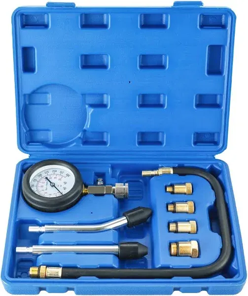 8pcs Compression Tester Kit Professional Petrol Gas Engine Cylinder Pressure Gauge 0-300 psi Automotive Tool for Motorcycle Car Truck (Blue)