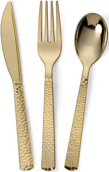 Perfect Settings 150 PCS Gold Plastic Silverware Set Heavy Duty Premium - Gold Plastic Cutlery Set Hammered Pebbled Finish - 50 Forks, 50 Knives, 50 Spoons Utensil Set