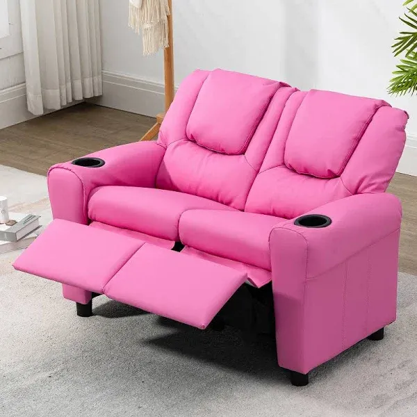 AVAWING Kids Recliner Chair, Double Kids Sofa Chair w/Cup Holder PU Leather, Toddler Loveseat Couch w/Adjustable Footrest & Headres for Boys Girls 3+ Age Group, Pink