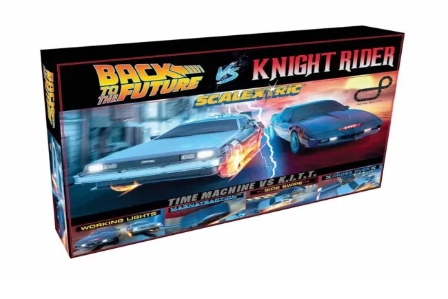 Scalextric C1431M 1980s TV - Back to The Future vs Knight Rider Race Set- Mains Power Slot Car Race Track Sets, 1:32 Scale Set, Electric Racing Toys for Adults or Kids, Age 8+