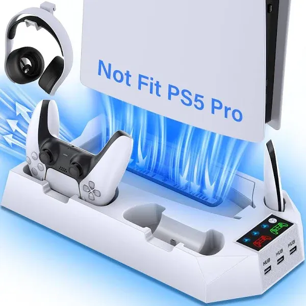 PS5 / PS5 Slim Stand and Cooling Station with Dual Controller Charging Station for PlayStation 5 Console, PS5 Accessories Incl. Controller Charger, Cooling Fan, Headset Holder, 3 USB Hub, Screw-White