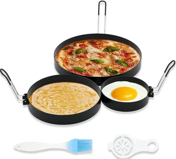 8" Omelette Ring,6" Pancake Ring,4" Griddle Egg Ring,Non-stick Stainless Steel Egg Cooker Omelet Ring Set(Upgrade Large 3 Packs Egg Cooking Rings for Griddle Frying Egg with Oil Brush & Egg Separator)