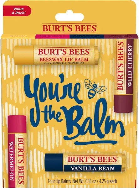 Burt's Bees Lip Balm Stocking Stuffers, Moisturizing Lip Care Christmas Gifts, You're the Balm - Original Beeswax, Wild Cherry, Vanilla & Watermelon, Natural Origin Treatment (4-Pack)