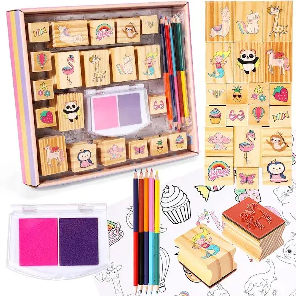 Unicorn Wooden Stamp and Sticker Set for Girls, Unicorn, Mermaid, Pand