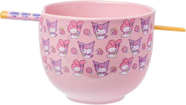 My Melody &amp; Kuromi Ceramic Ramen Bowl and Chopstick Set (Pastel Flowers)