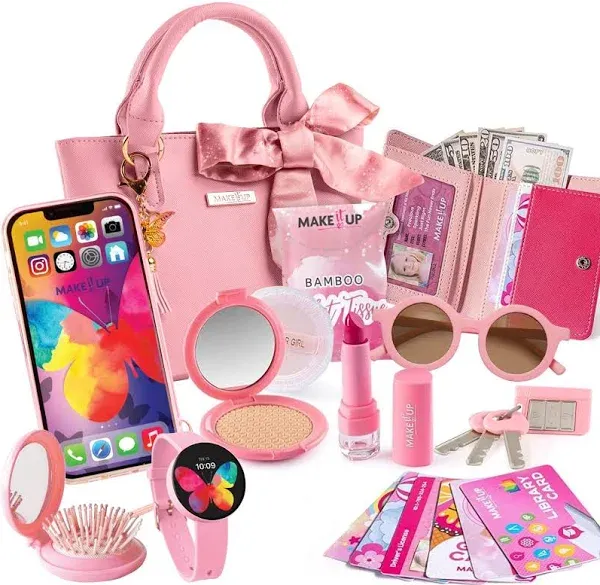 Princess Pretend Play Girls Purse & Toddler Girl Toys Make Up Set I Kids Purse & Fake Makeup Toys I Little Girl Purse with Accessories Phone, Wallet, Play Makeup & More I Toys for 3+ Year Old Girls