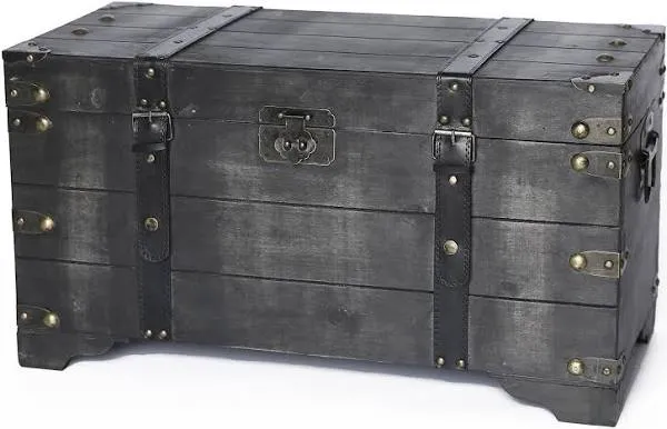 Storage Trunk Distressed Black Medium Wooden Antique Style Faux Leather Straps