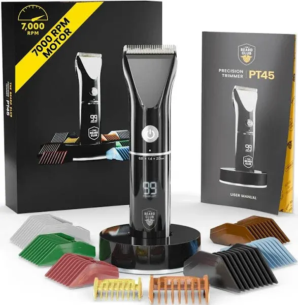 The Beard Club Beard Trimmer for Men - Electric Cordless Rechargeable Beard & Hair Trimmer - High Power 7000 RPM - 8 Color Guides 45 Unique Trim Lengths - Travel Lock