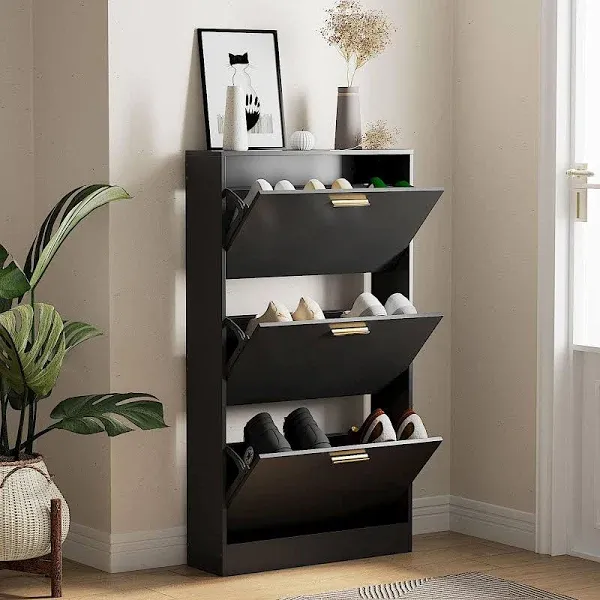 Narrow Shoe Storage Cabinet with 3 Flip Drawers