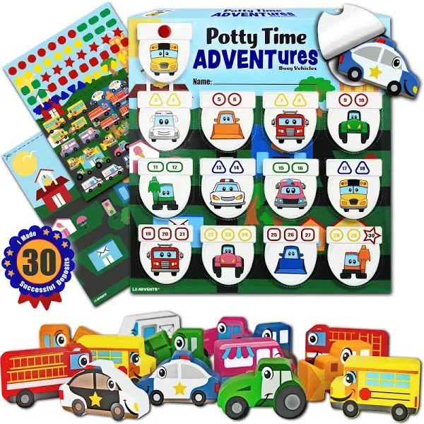 Potty Time Adventures Potty Training Chart by Lil ADVENTS - Busy Vehicles with 14 Wood Block Toy Prizes - Potty Training Advent Game - Wooden Block Toys, Reward Chart, Activity Board & Stickers