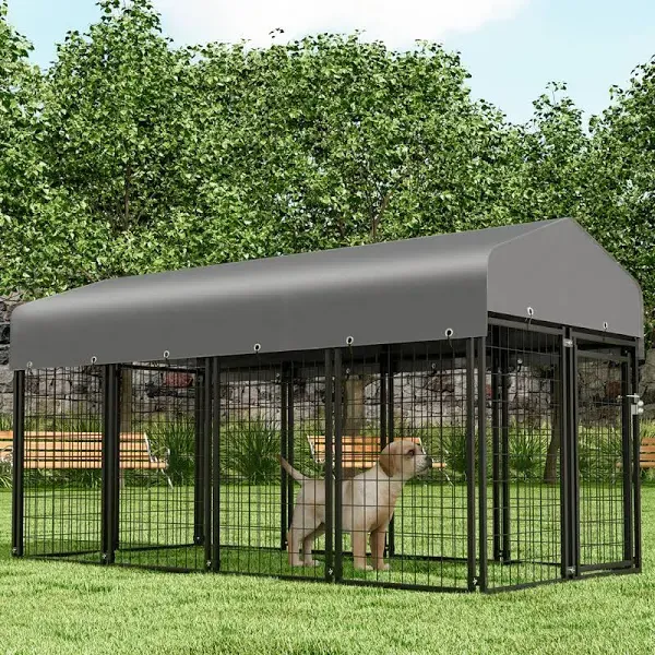 MoNiBloom Heavy Duty Outdoor Dog Run Enclosure for Small/Medium Dogs, All Weather Metal Dog Kennel with Roof and Rotating Feeding Doors, 4.6ft High Expandable Outdoor Dog Playpen Run, 14 Panels