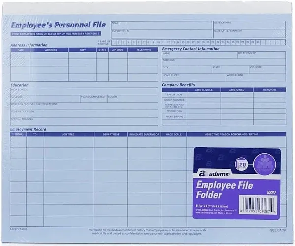 Adams Employee's Personnel File Folder