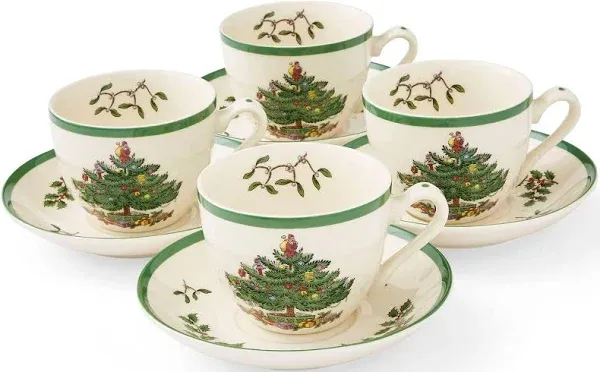 Spode Christmas Tree Teacup & Saucer Set (Set of 4) - 7 Oz Earthenware Cup for Tea, Coffee, Cappuccino, Espresso - Holly & Mistletoe Holiday Accents - Holiday Collection Design for Gifting