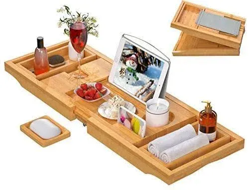 Luxury Adjustable Bamboo Bathtub Caddy Tray with Wine Glass Holder &amp; Soap Dish