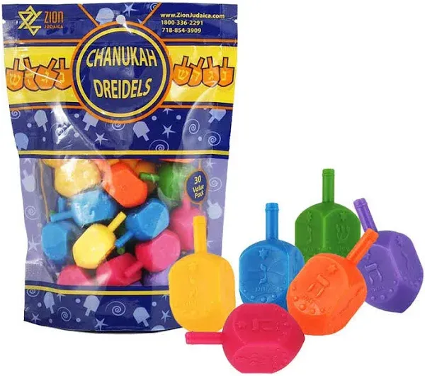 Zion Judaica Hanukkah Plastic Dreidels Hebrew with English Transliteration Bulk Pack Chanukah Driedels Hanukah Game Spinning Tops Chanukah Fun in Resealable Ziplock Bag (100 Pack)