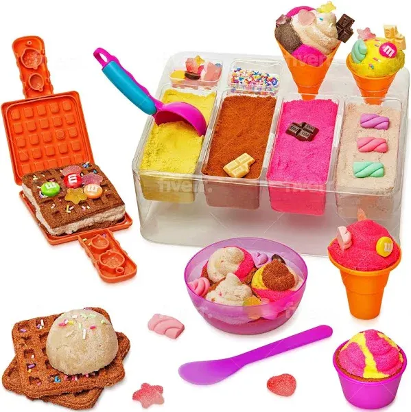 Kipipol Sensory bin - 29 pcs Ice Cream Toy Shop Play Sand Kit with 9 Ice Cream Sand Toys, 1.7 LB Moon Sand for Kids, Sandbox with A Lid - Pretend Play Sensory Toys for Girls and Boys Age 3-5 and Up