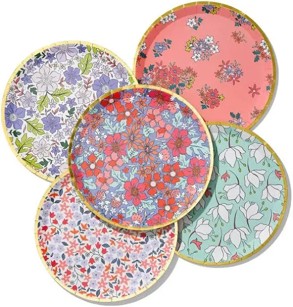 Coterie Full Bloom Floral Paper Plates (Set of 10 Large Spring Paper Plates) - Disposable Plates for Tea Party, Bridal Shower, Garden Baby Shower Decorations | 9.25” Floral Plates - 2 of Each Design