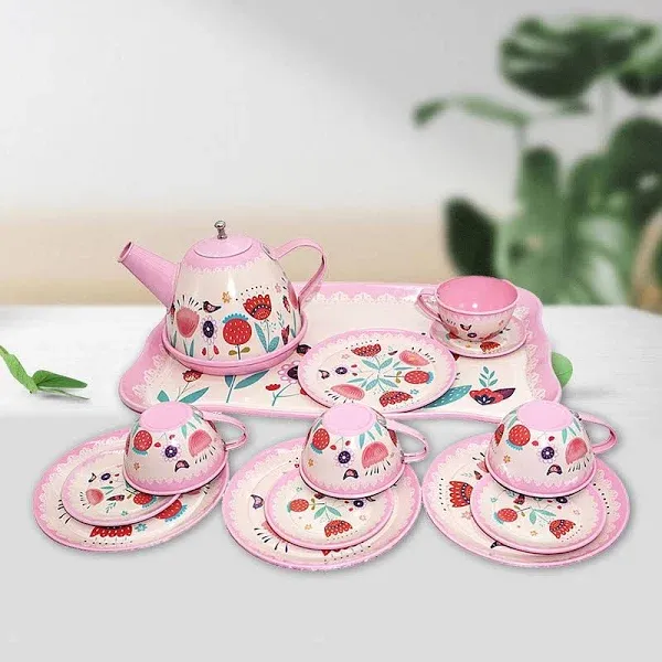 Jovati Tea Party Set, Children Pretend Play Toy,childrens Home Simulation Tea Set, Tin Teapot, Tea Cup, Toy, Portable Gift Box Set Other