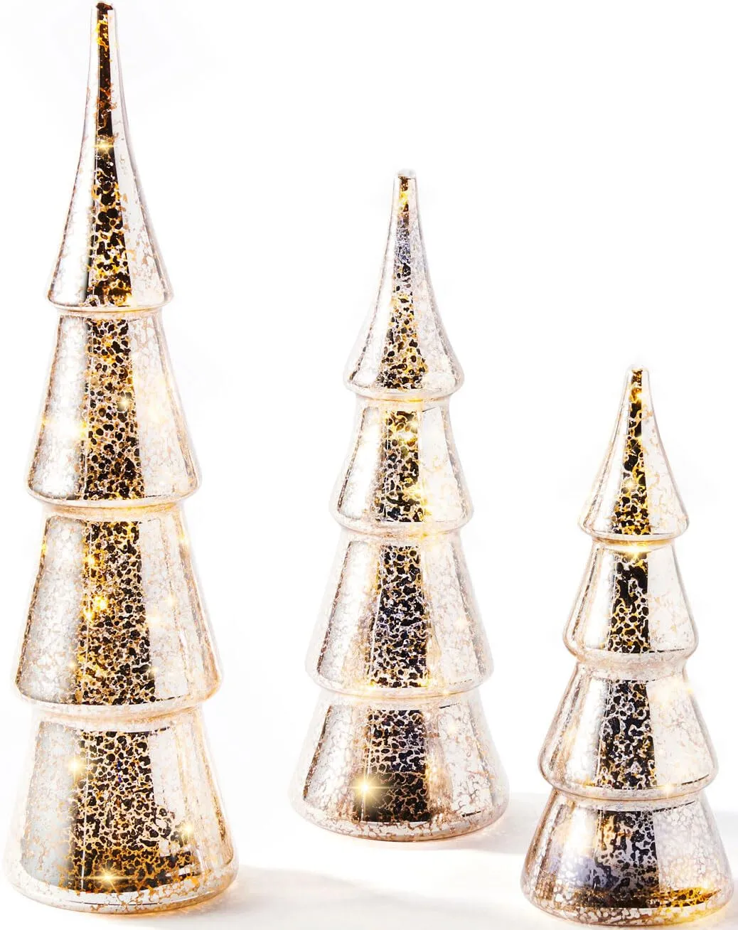 Mercury Glass Christmas Tree Decoration - Set of 3 Assorted Trees with Fairy ...