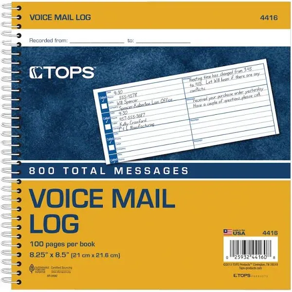 Tops Spiral Bound Voice Message Log Book