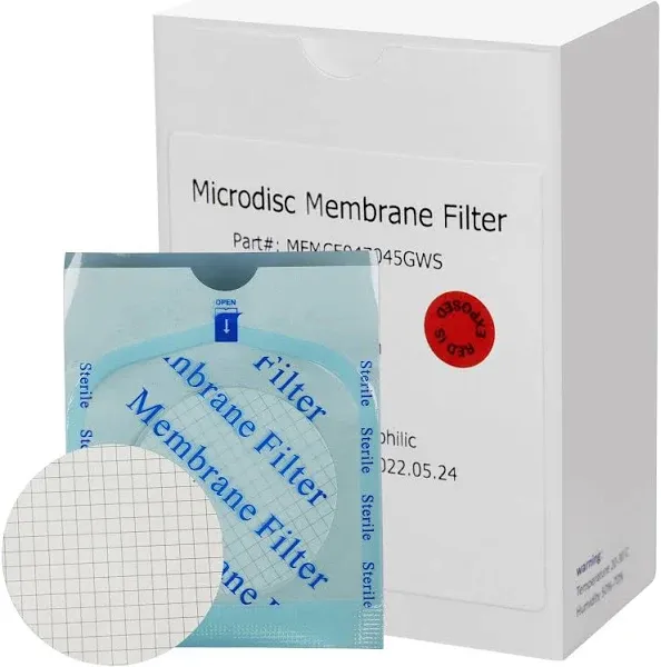 SimPure MCE Gridded Membrane Filter Sterile, 47mm Diameter and 0.45um Pore Size, Individual Pack Membrane Disc Filter, Hydrophilic Filter Paper, Pack of 100