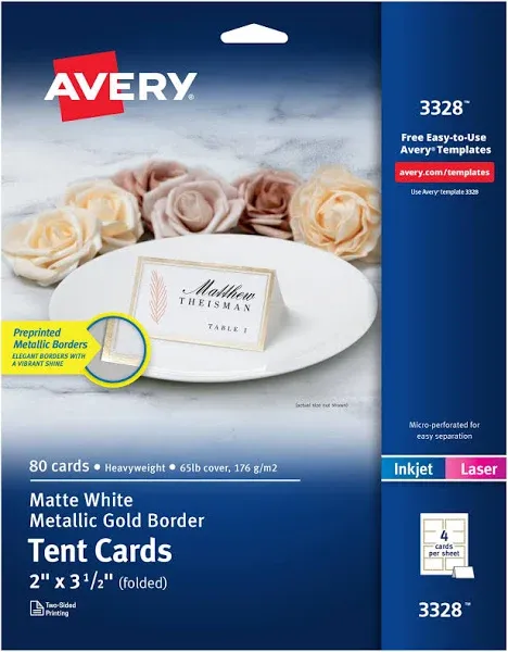 Avery Matte White Metallic Gold Border Tent Cards