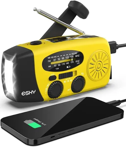 Esky Emergency Hand Crank Radio with 3 LED Flashlight, AM/FM/NOAA Portable Weather Radio with 2000mAh Power Bank Phone Charger, Solar Powered USB Charged Radio for Indoor Outdoor Camping, SOS Alarm