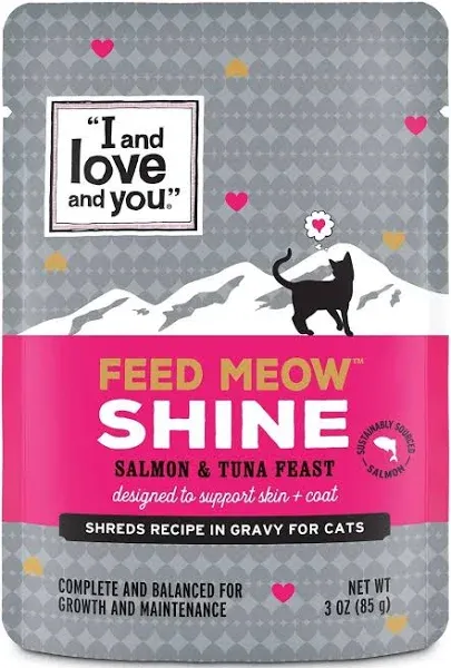 I AND LOVE AND YOU Feed Meow Shine Wet Cat Food - Salmon + Tuna - Coat and Skin Support, Grain Free, Shreeded, No Fillers, 3oz Pack of 12