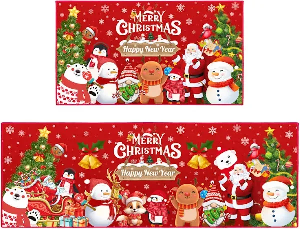 JWXCBIM 2 Pcs Christmas Kitchen Rugs and Mats, Merry Christmas and Happy New Year Home Kitchen Decoration Non-Slip Floor Mat Sets