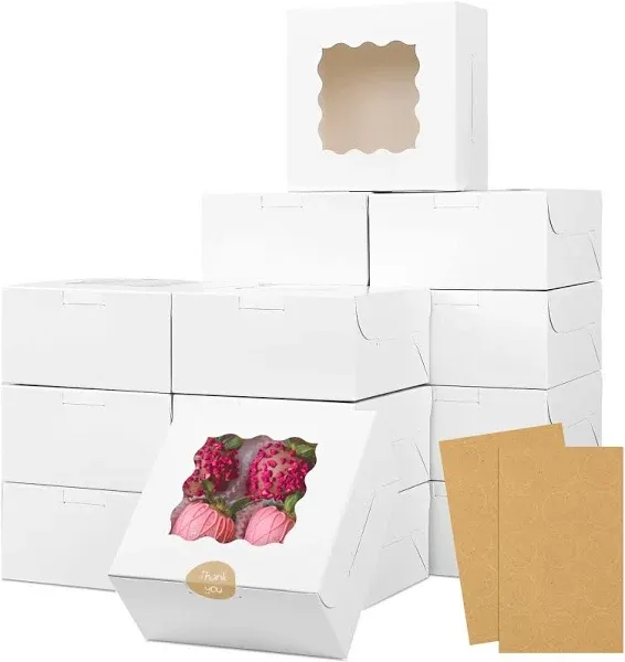 Moretoes 30pcs Bakery Boxes 6x6x3 Inches Cookie Box with Window for Valentines Day White Treat Boxes for Small Pie, Chocolate Covered Strawberries, Cupcake and Pastry