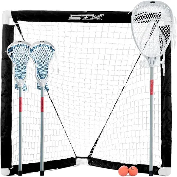 STX FiddleSTX Three Player Game Set with Two Field Player Sticks One Goalie Stick Mini Goal and Balls , White/Grey