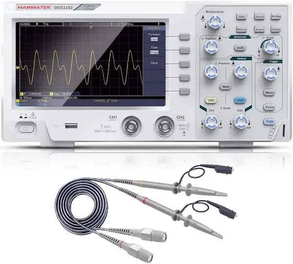 HANMATEK 110mhz Bandwidth DOS1102 Digital Oscilloscope with 2 Channels and Screen 7 inch / 18 cm, TFT-LCD Display, Portable Professional Oscilloscope Kit with 500 MS/s *2 Sampling Rate