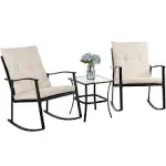 Vongrasig 3 Piece Outdoor Rocking Chair Set, PE Wicker Rattan Small Bistro Set, Front Porch Furniture Rocking Chairs Set of 2, Cushioned Patio