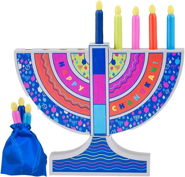 Rite Lite My Mini Wood Menorah with Removable Wood Candles - Colorful Chanukah Menorah for Kids Hanukkah Gifts Decorations Centerpiece, Jewish Holiday Party Favors Decor, Festival of Lights 5.75" H