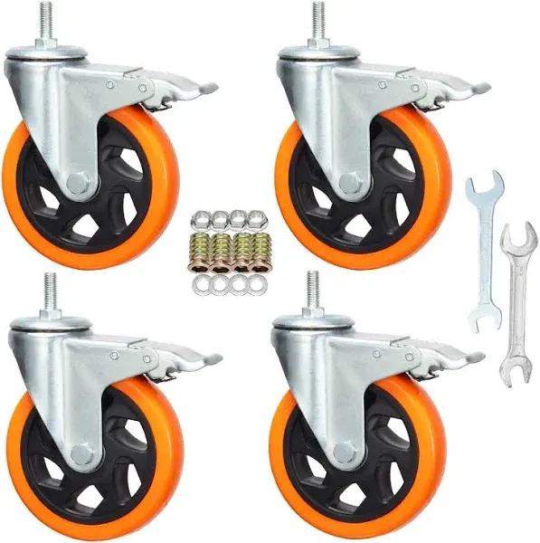 Heavy Duty Stem Caster Wheels M10-1.5X25mm Dual Locking No Noise PVC Threaded Stem Caster Wheels Pack of 4 for Workbench, Dolly, Furniture (4 Inch, Orange)