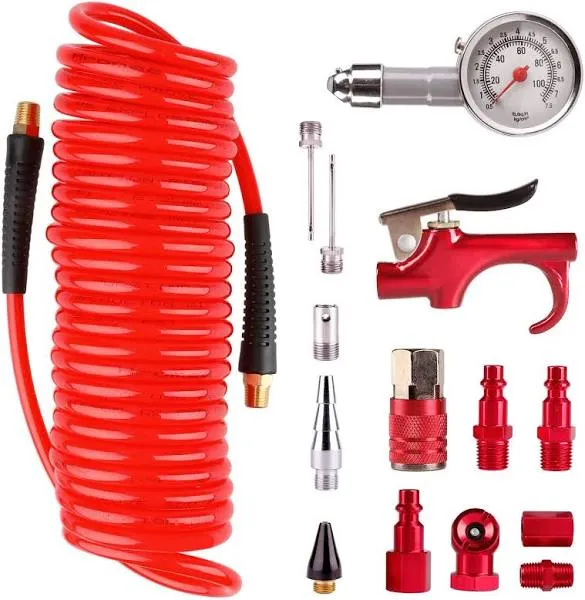 16 Pieces Air Compressor Accessory Kit with 1/4 Inch Recoil Poly Air Hose, Bl...