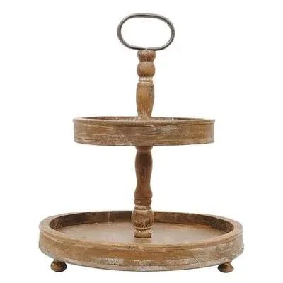 3R Studios Round Wood 2-Tier Tray, Brown