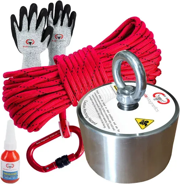 Brute Magnetics Boss 360 Degrees Magnetic Fishing Kit- Includes 65ft Heavy Duty Rope and Non-Magnetic Aluminum Carabiner, Threadlocker, and Cut Resistant Gloves