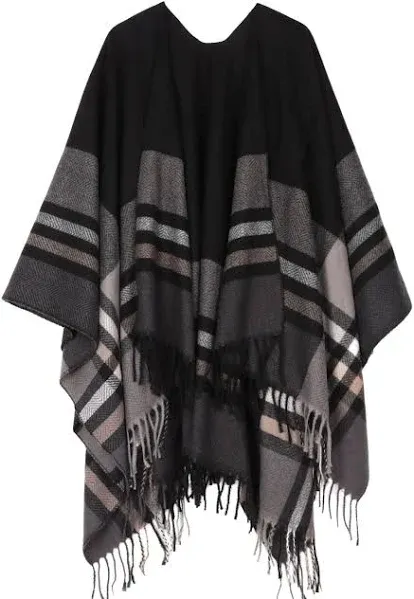 Bestshe Women's Boho Open Front Poncho Knitted Plaid Shawl Wrap Cape Tassel Cardigan Sweater