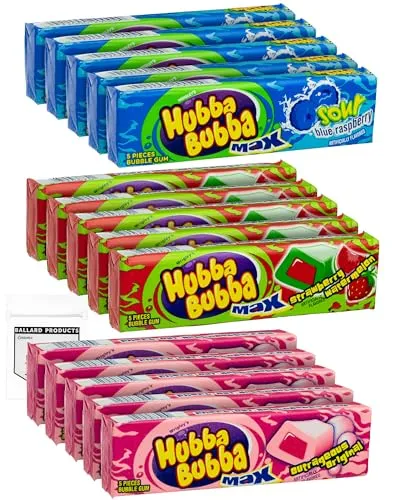 Hubba Bubba Bubble Gum Variety Pack of 15 - Original, Blue Raspberry, Strawberry - 3 Flavors of Hubba Bubba Gum - Gum with Liquid Center - Bundle