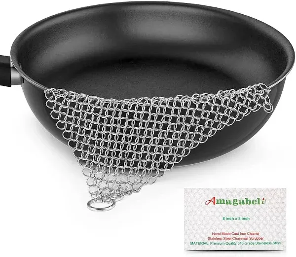 AMAGABELI GARDEN & HOME 8” x 8” 316 Stainless Steel Cast Iron Cleaner Chainmail Scrubber for Cast Iron Pan Skillet Cleaner for Dishes Glass Pre-Seasoned Cast Iron Pot Seasoning Protection BG262