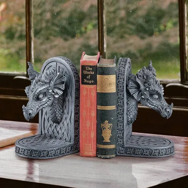 Medieval Dragon Bookends Gray Friar Designer Resin Stone Bonded Felt Bottomed