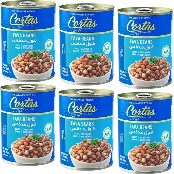 Cortas Fava Beans 14oz 6 Pack RTE Cooked Foul Medammas Original Plain