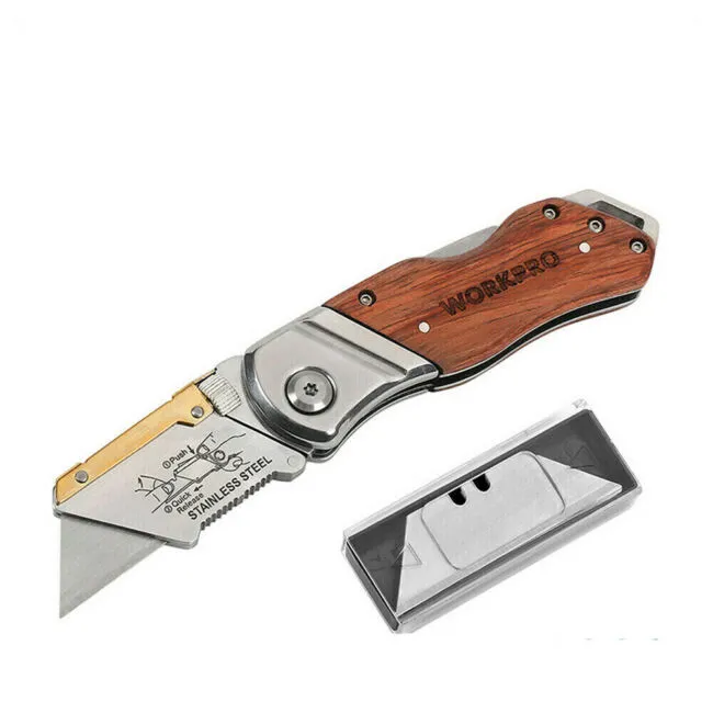 WORKPRO Quick-Change Utility Knife, Classical Retro Style Wood Grain Handle, Back Lock Folding Knife with Clip