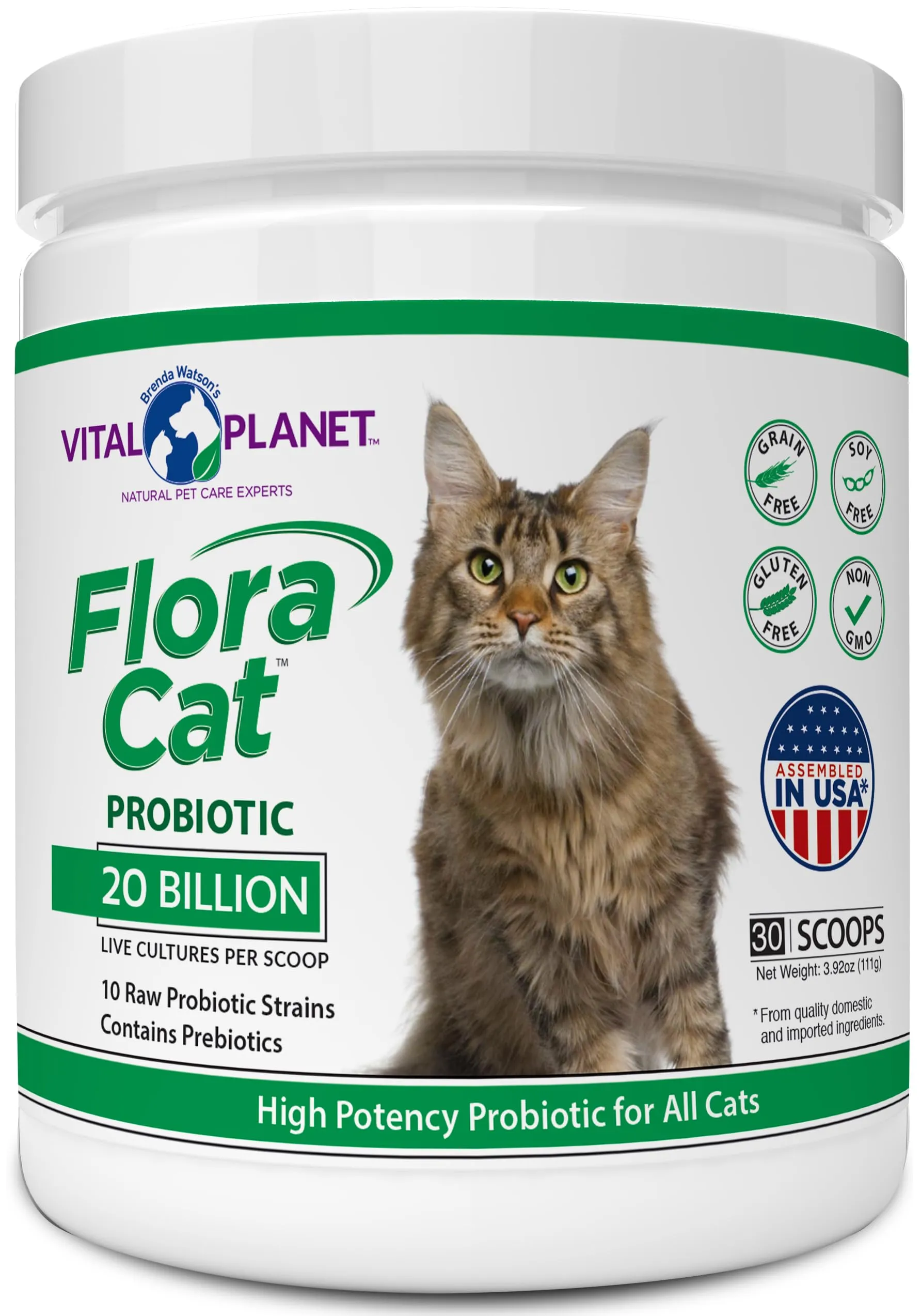 Vital Planet - Flora Cat Probiotic Powder Supplement with 20 Billion Cultures and 10 Diverse Strains High Potency Probiotics for All Cats for Feline Digestive and Immune Support 30 Scoops 3.92 oz