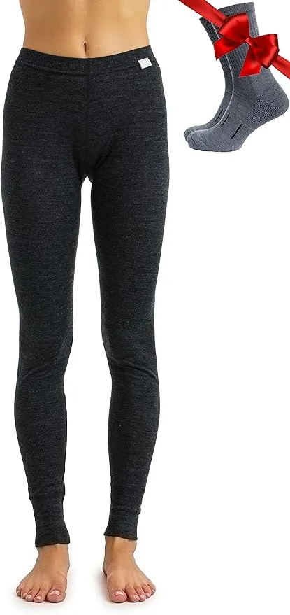 Merino Wool Base Layer Women Pants 100% Merino Wool Leggings Lightweight, Midweight Thermal Underwear Bottoms + Wool Socks